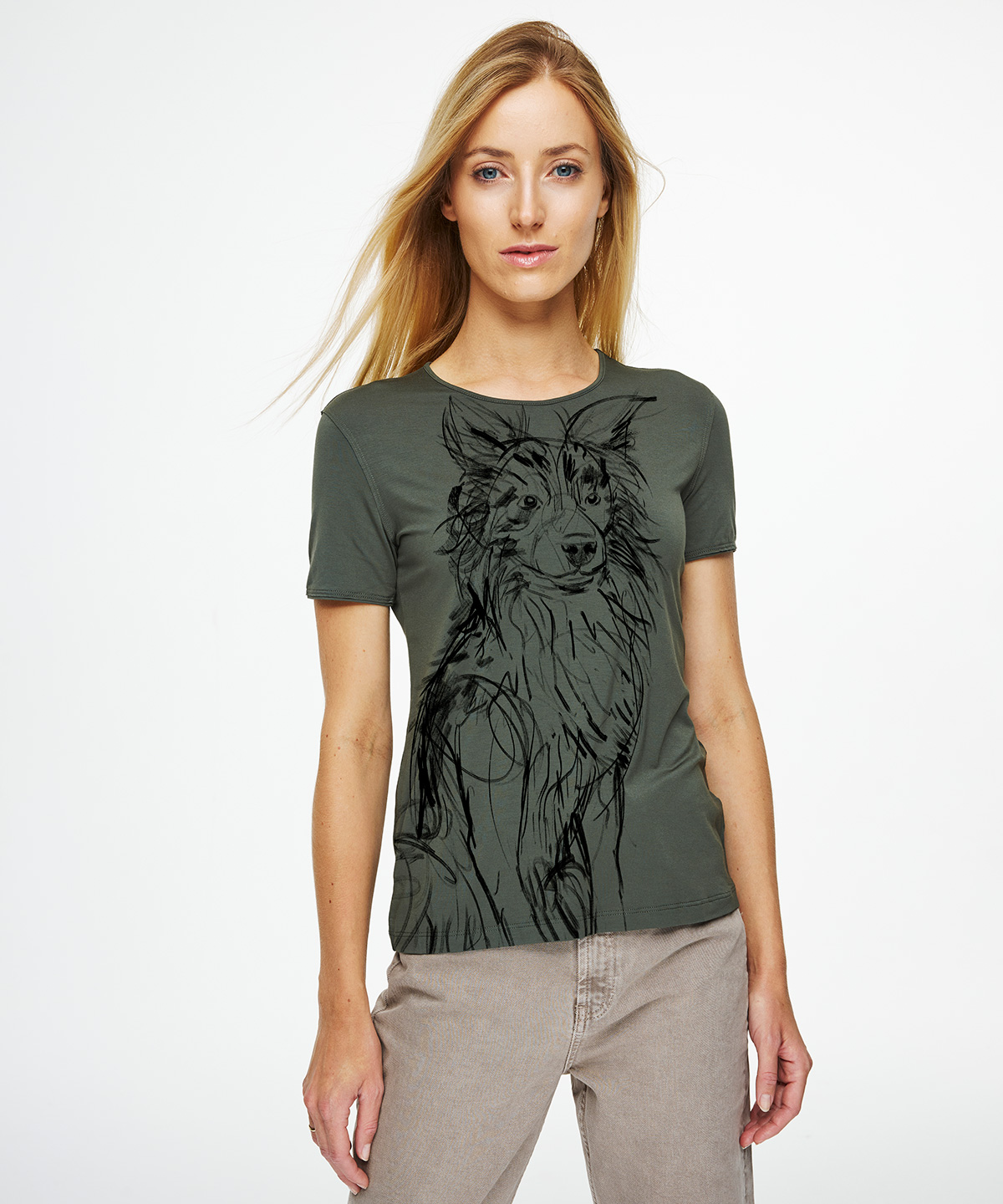 Border collie khaki t-shirt woman