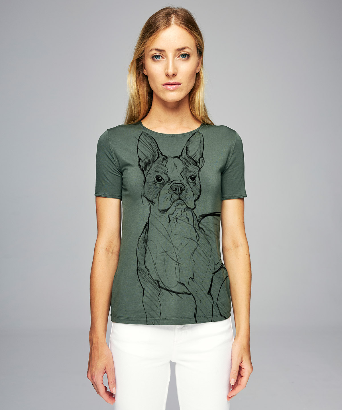Boston terrier khaki t-shirt woman