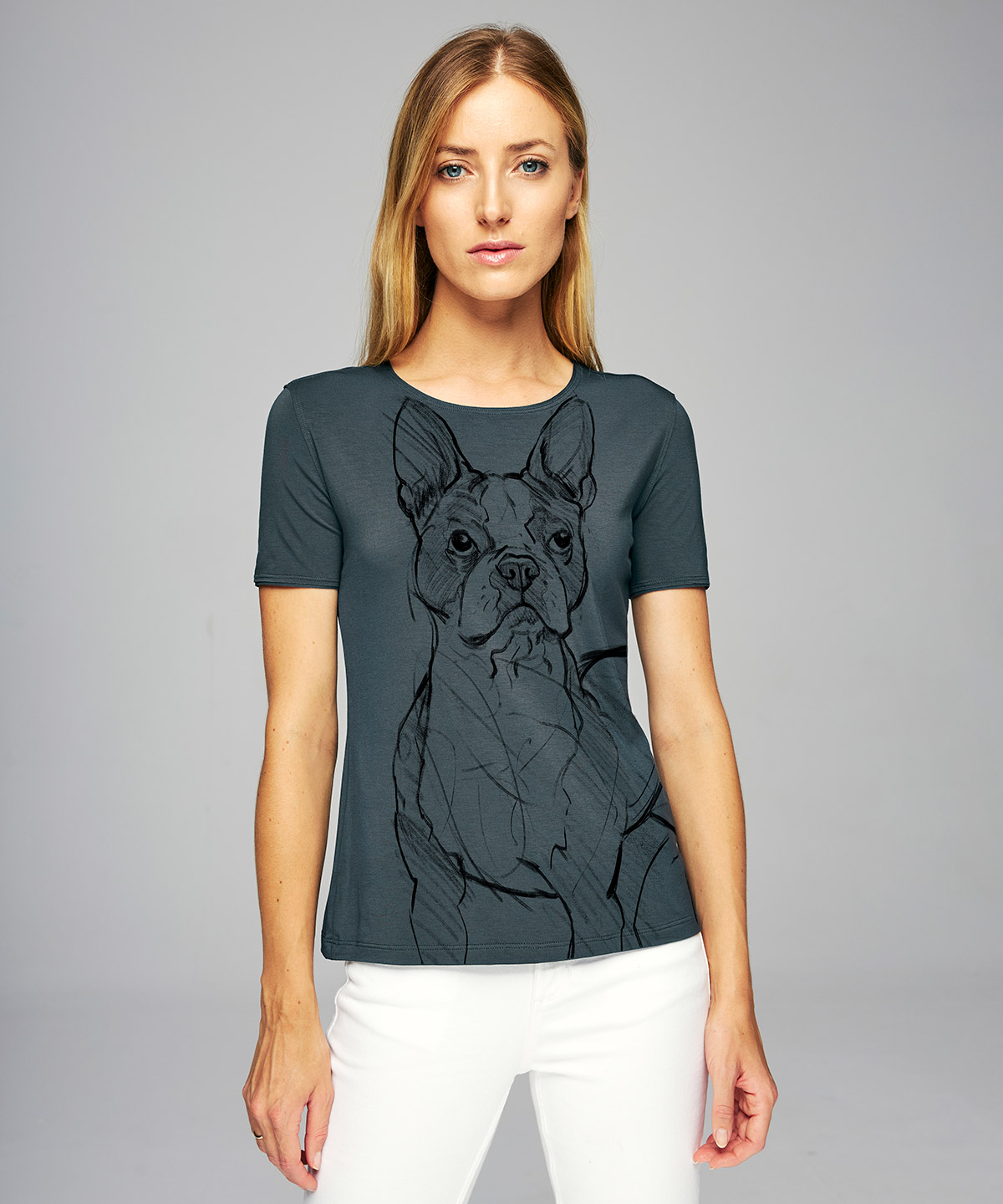 Boston terrier dark cool gray t-shirt woman